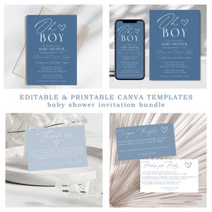 Lot d'invitations modifiables pour baby shower, livres bleus imprimables pour carte de bébé et carte ticket de tombola de couches, baby shower c'est un garçon, toile