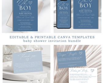 Blue Baby Shower Invitation Bundle: Books for Baby, Diaper Raffle (Canva Template)