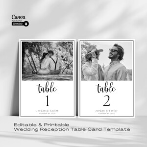 May include: Two black and white wedding table number cards with photos. The first card has the number 1 and says "Jordan & Taylor October 10, 202X". The second card has the number 2 and says "Jordan & Taylor October 10, 202X".
