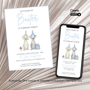 Editable Dog Birthday Party Invitation Template, Printable Puppy Pawty Invite, Instant Download Digital Doggy Party Evite