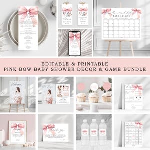 Pink Bow Baby Shower Bundle: Invitation, Games, Decor (Canva Template)