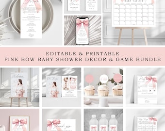 Pink Bow Baby Shower Bundle: Invitation, Games, Decor (Canva Template)