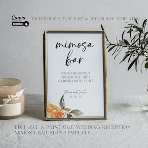 Druckbares Mimosa Bar Schild, bearbeitbares sprudelndes Cocktail Zeichen Vorlage, Hochzeit Getränkeschild, Erfrischungsdekor, Hochzeit Getränkekarte, Brautparty