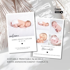 Anúncio de nascimento com foto editável, convite para chá de bebê novo para impressão, anúncio de recém-nascido Evite eletrônico, cartão com foto de bebê