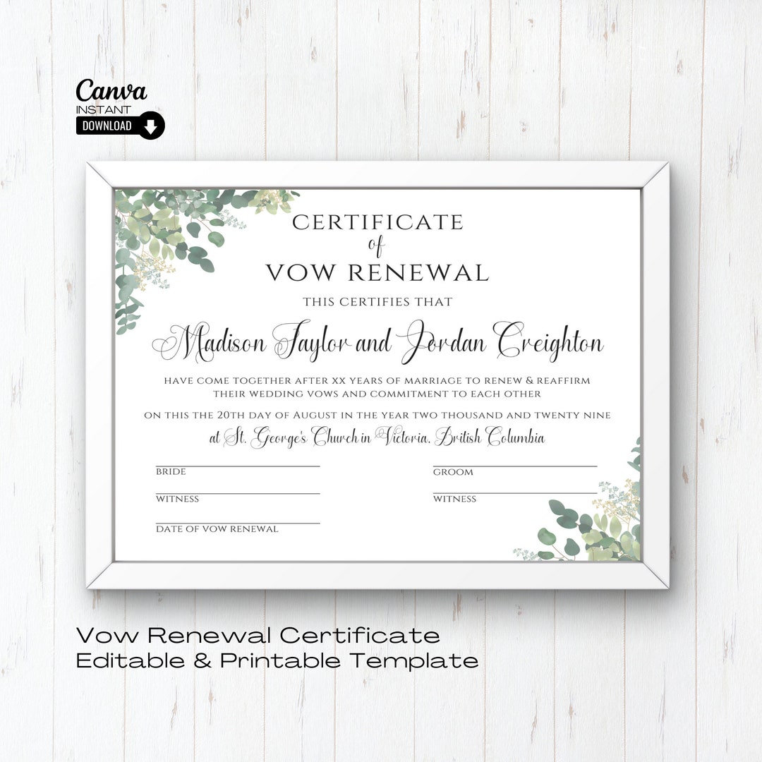 Editable Vow Renewal Certificate, Printable Wedding Certificate ...
