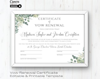 Vow Renewal Certificate Template, Editable Printable Wedding ...