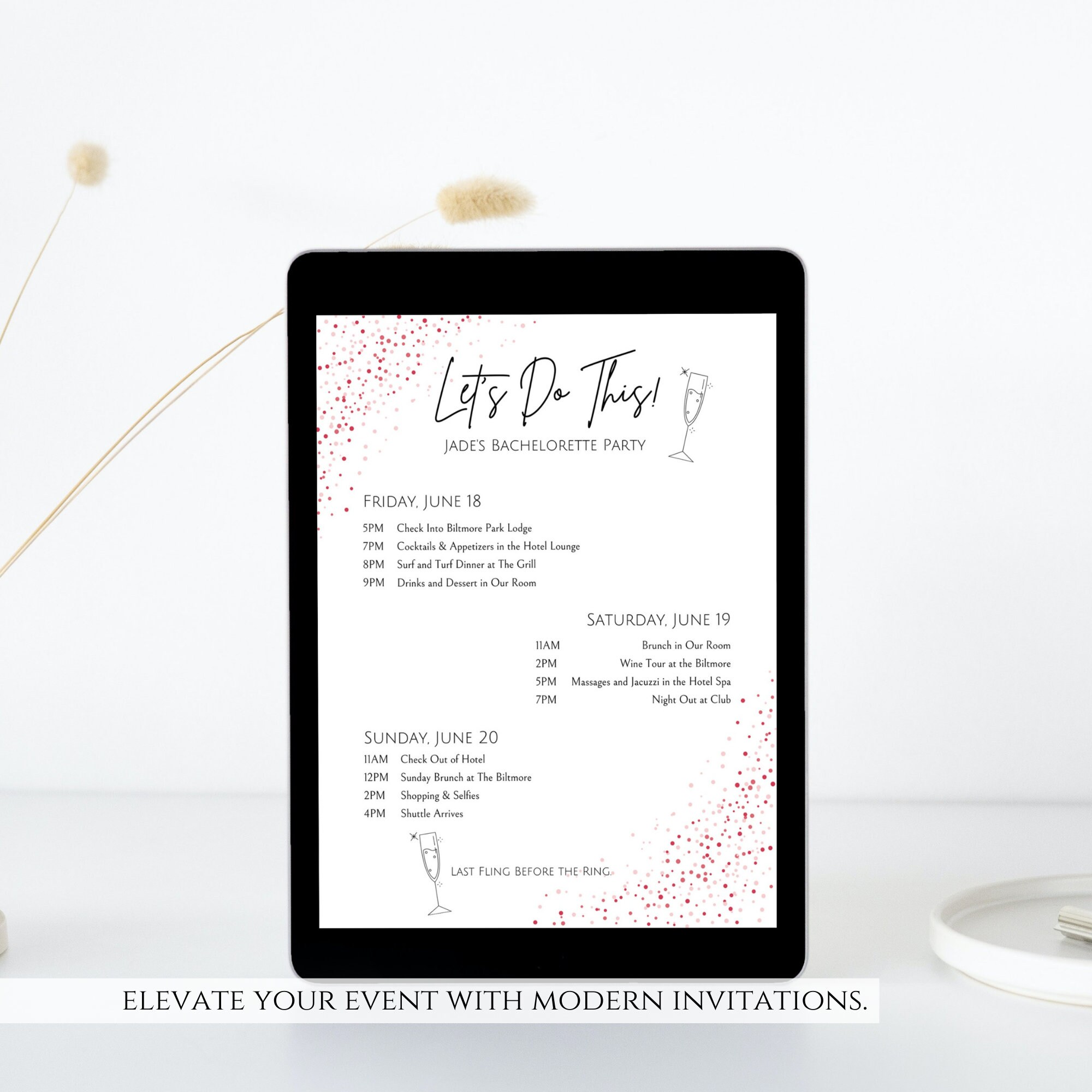 Printable Bachelorette Party Itinerary Template, Printable Bachelorette ...