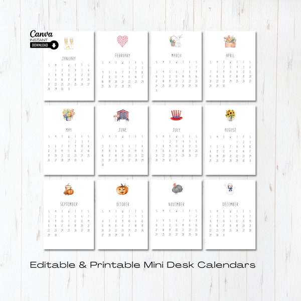 2024 Mini Desk Calendar, Printable Desk Calendar, Monthly Calendar Template, Mini Easel Calendar, Editable Calendar, Christmas Gift, Canva