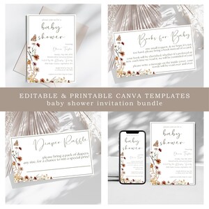 Lot d'invitations florales modifiables pour baby shower, livres imprimables de fleurs sauvages neutres en matière de genre pour carte de bébé et carte ticket de tombola de couches, toile