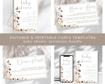 Floral Baby Shower Invitation Bundle: Gender Neutral Wildflower Theme (Canva Template)