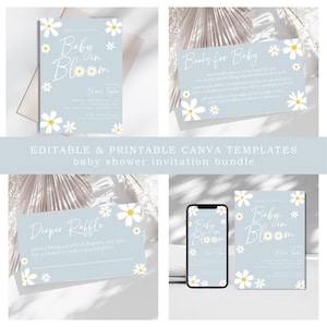 Lot d'invitations modifiables pour baby shower bébé en fleurs, livre bleu imprimable pour carte de bébé et carte ticket de tombola de couches, shower de marguerites rétro