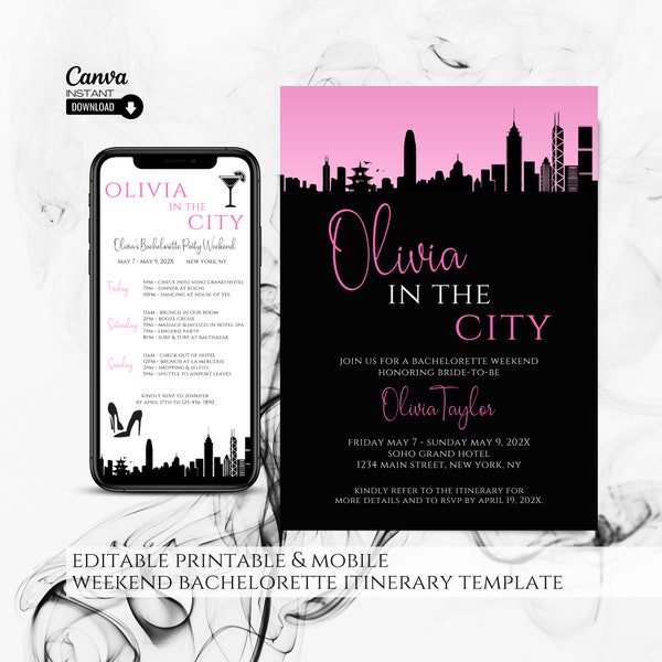 Editable New York City Bachelorette Weekend Invitation and Itinerary, Printable Bachelorette Party Invite, New York Girls Weekend Itinerary