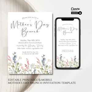 Editable Mothers Day Brunch Invitation, Printable Mother&#39;s Day Brunch Invite, Mobile Mothers Day Invitation Template, Editable Invitation