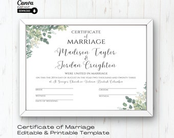 Modèle de certificat de mariage modifiable, certificat de mariage imprimable, souvenir de mariage, certificat modifiable, certificat de mariage