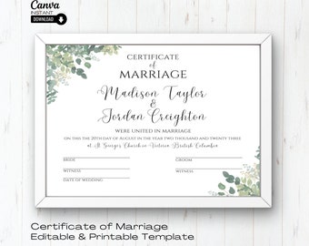 Editable Wedding Certificate Template: Eucalyptus Design (Canva)