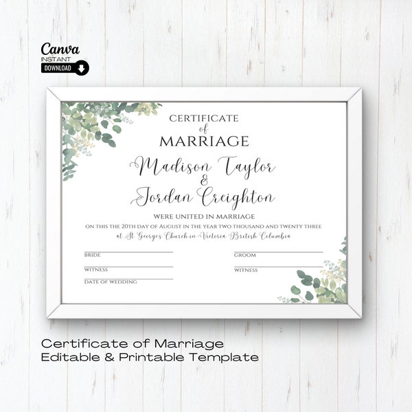 Editable Wedding Certificate Template, Marriage Certificate Printable, Wedding Keepsake, Editable Certificate, Certificate of Marriage