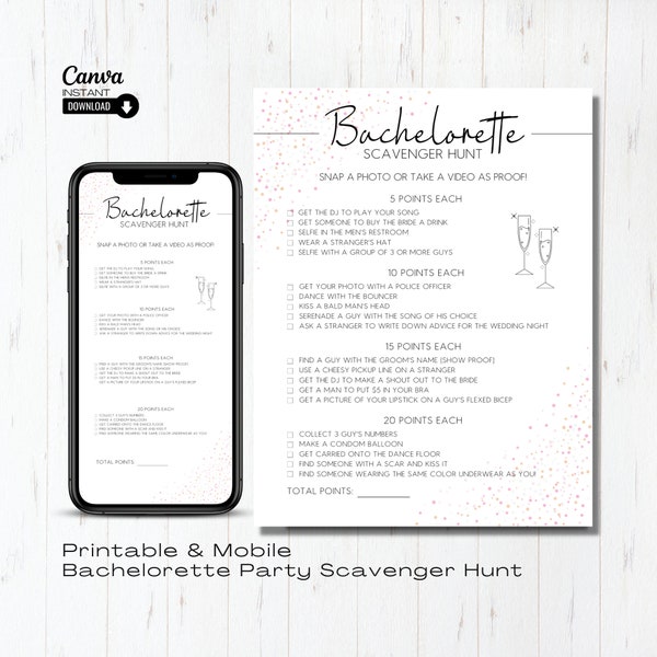 Electronic Bachelorette Party Scavenger Hunt Game (Canva Template)