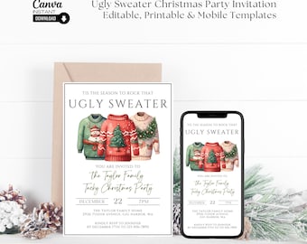 May include: A printable invitation for a Christmas party with a festive theme. The invitation features a watercolor illustration of three ugly Christmas sweaters. The text on the invitation reads "Tis the season to rock that Ugly Sweater" and includes details about the party, including the date, time, and location.