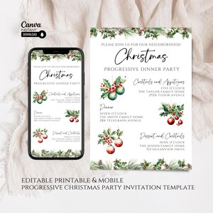 Faire-part de quartier modifiable pour un dîner progressif de Noël, repas-partage des Fêtes à imprimer, fête de Noël Round Robin, dîner d'amis