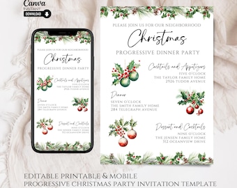 Puede incluir: Plantilla de invitación imprimible para una fiesta de Navidad progresiva con un diseño festivo que incluye acebo y adornos. La invitación incluye el texto "Por favor, únase a nosotros para nuestra fiesta de Navidad progresiva del vecindario" y enumera la hora y la ubicación de cada parada de la fiesta.