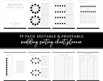 May include: A printable wedding seating chart planner with 19 pages. The planner includes a reception seating chart, head table, guest list, and meal preferences. The planner is black and white and has a simple design.