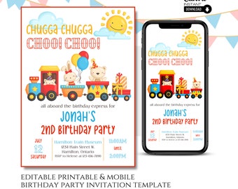 Editable Train Birthday Invitation Template, Printable Train Birthday Party, Choo choo Invitation, Chugga Two Two party, Train Theme Party