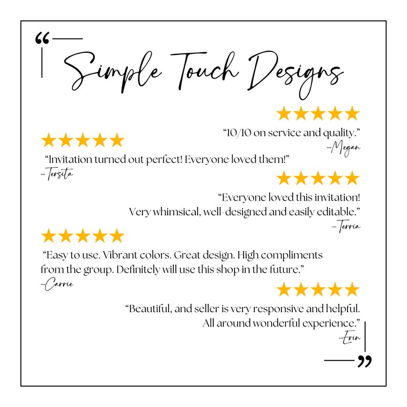 May include: A white background with black text that reads "Simple Touch Designs" and several customer reviews with five-star ratings. The reviews highlight the quality of the products and the seller's responsiveness.