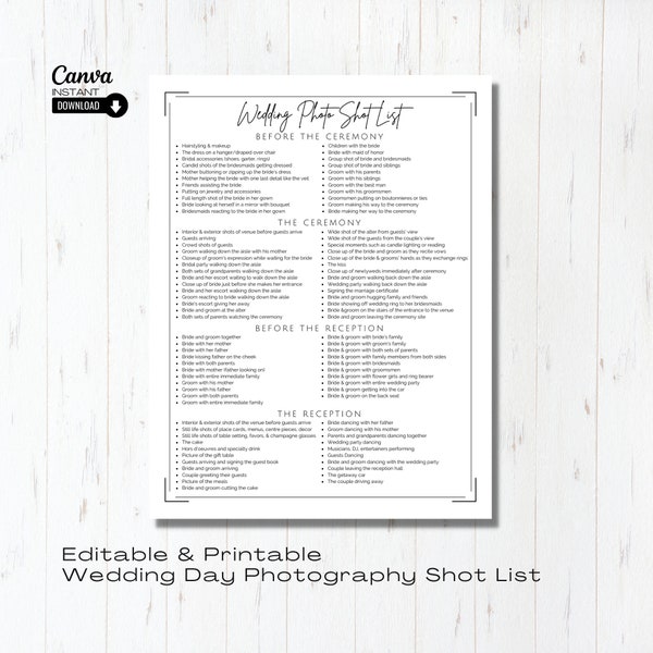 Editable Wedding Photography Checklist, Photographer Form, Printable Wedding Photo Checklist, Editable Photography Shot List Template, Canva