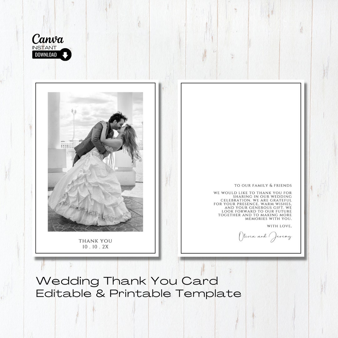 Printable Wedding Thank You Card Template, Editable Double Sided ...