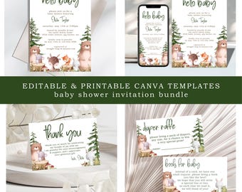 Pacchetto di inviti per baby shower nel bosco: animali della foresta modificabili (modello Canva)