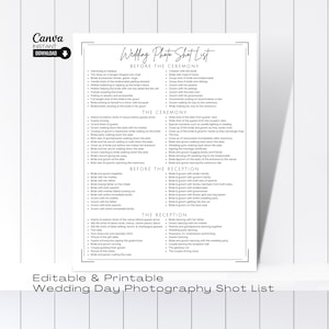 Editable Wedding Photography Checklist, Photographer Shot List Template, Printable Wedding Photo Checklist, Photography Shot List Canva