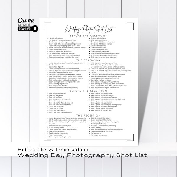 Editable Wedding Photography Checklist, Photographer Shot List Template, Printable Wedding Photo Checklist, Photography Shot List Canva