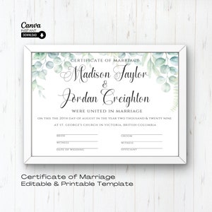 Bearbeitbare Hochzeitszertifikatsvorlage, druckbare Heiratsurkunde, Hochzeitsandenken, bearbeitbare Urkunde, Heiratsurkunde