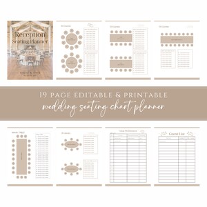 Puede incluir: Un planificador de asientos de boda imprimible con 19 páginas. El planificador incluye una mesa principal, planos de asientos para 8, 10 y 16 invitados, un gráfico de preferencias de comidas y una lista de invitados.