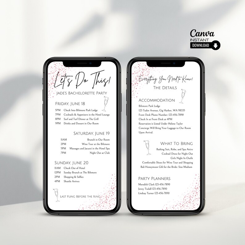 Printable Bachelorette Party Itinerary Template, Printable Bachelorette ...