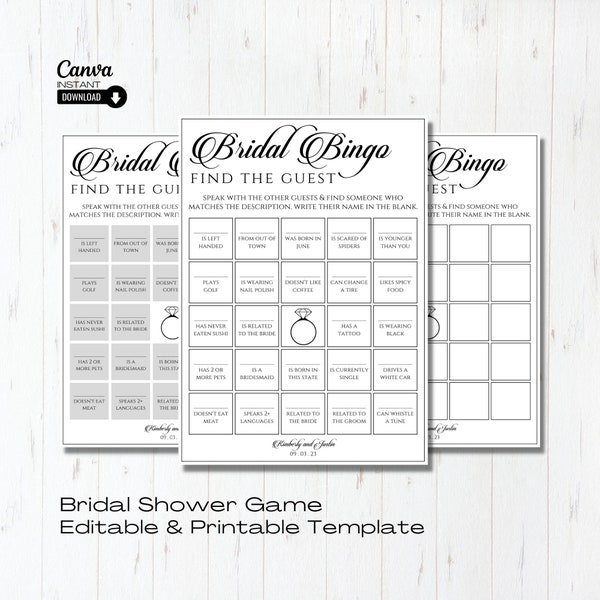 Editable Bridal Shower Game, Printable Bridal Bingo Games, Wedding Shower Bingo Card Template, Instant Download, Bridal Shower Ideas, Canva