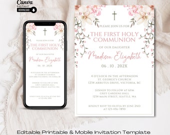 Peut inclure: Modèle d'invitation imprimable et mobile éditable avec un design floral. L'invitation est pour une Première Communion pour Madison Elizabeth le 10 juin 202X. L'invitation comprend l'heure et le lieu de la cérémonie et de la réception.