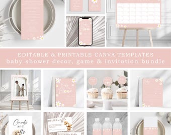 Boho Daisy Baby Shower Invitation Bundle (Canva Editable, Digital Download)
