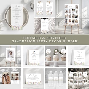 Editable Wildflower Graduation Invitation Bundle Template, Printable Boho High School Graduation Party Decor, Grad Party Invite, Party Decor