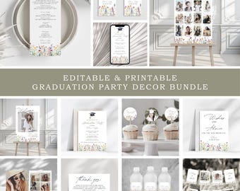 Puede incluir: Paquete de decoración de fiesta de graduación editable e imprimible que incluye una variedad de artículos, como un cartel de bienvenida, una invitación, un menú, tarjetas de agradecimiento, adornos para cupcakes, etiquetas para botellas de agua y un telón de fondo para cabina de fotos. El diseño presenta un tema floral con flores y vegetación de acuarela.