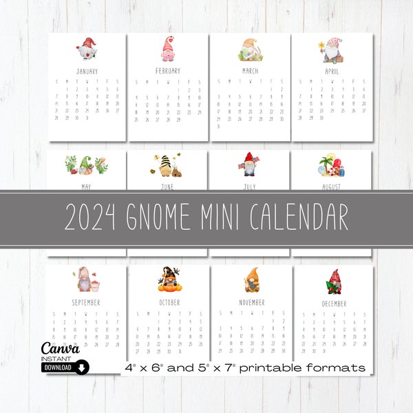 2024 Gnome Mini Desk Calendar, Printable Desk Calendar, Monthly Calendar Template, Mini Easel Calendar, Editable Calendar, Christmas Gift