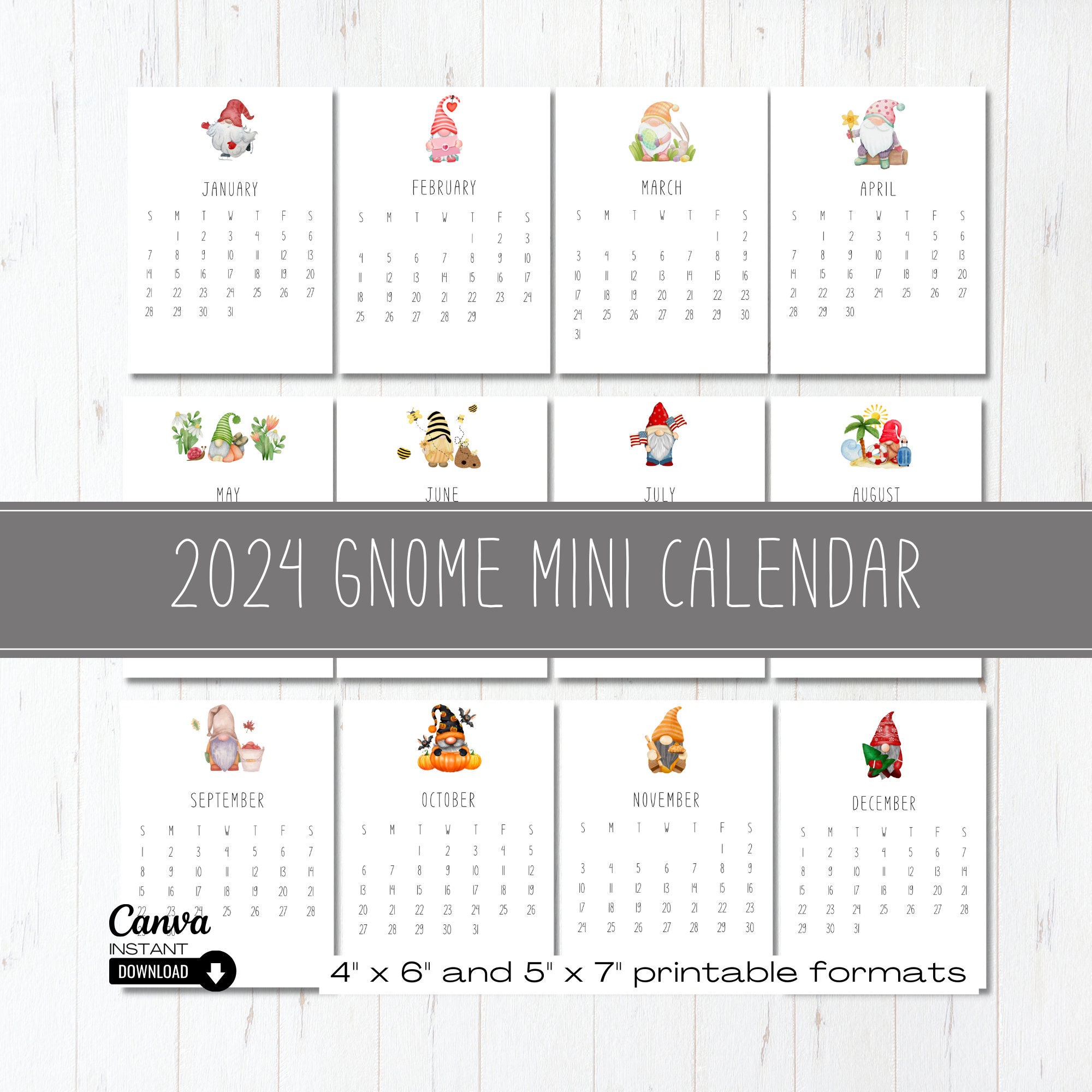 2024 Gnome Mini Desk Calendar, Printable Desk Calendar, Monthly