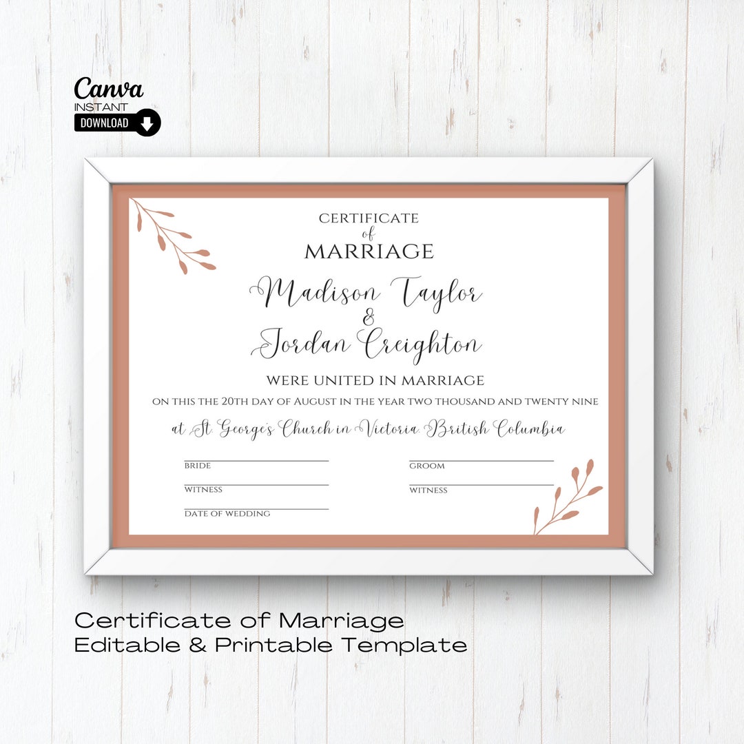 Plantilla de certificado de boda editable, certificado de matrimonio ...