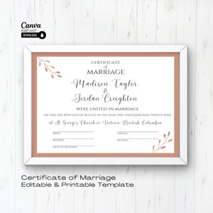 Bearbeitbare Hochzeitszertifikatvorlage, druckbare Heiratsurkunde, Hochzeitsandenken, bearbeitbare Urkunde, Urkunde der Ehe, Canva