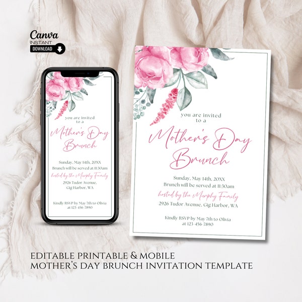 Editable Mothers Day Brunch Invitation, Printable Mother's Day Brunch Invite, Mobile Mothers Day Invitation Template, Editable Invitation