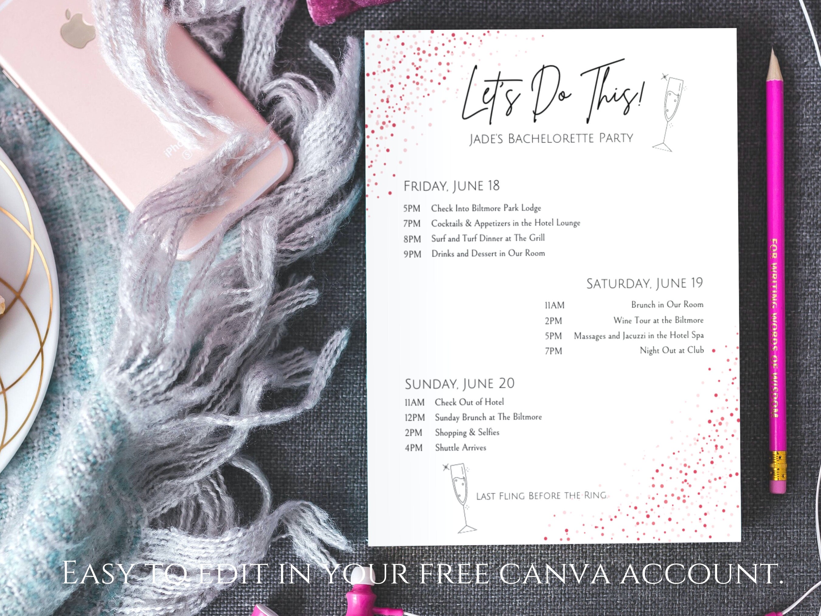 Printable Bachelorette Party Itinerary Template Printable - Etsy