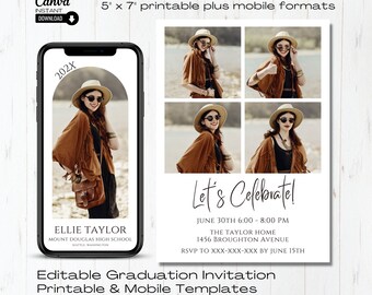 Modern Graduation Invitation Template: Editable Announcement, 5x7 (Digital Download)