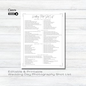 Editable Wedding Photography Checklist, Photographer Form, Printable Wedding Photo Checklist, Editable Photography Shot List Template, Canva