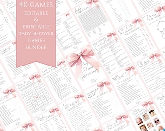 Pink Bow Baby Shower Game Bundle: 40 Printable Activities (Editable, Canva)