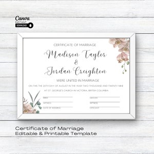 Bearbeitbare Hochzeitszertifikatvorlage, druckbare Heiratsurkunde, Hochzeitsandenken, bearbeitbare Urkunde, Urkunde der Ehe, Canva